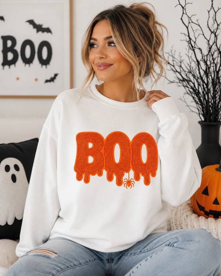Custom Halloween Glitter Letters Boo Embroidered Sweatshirt