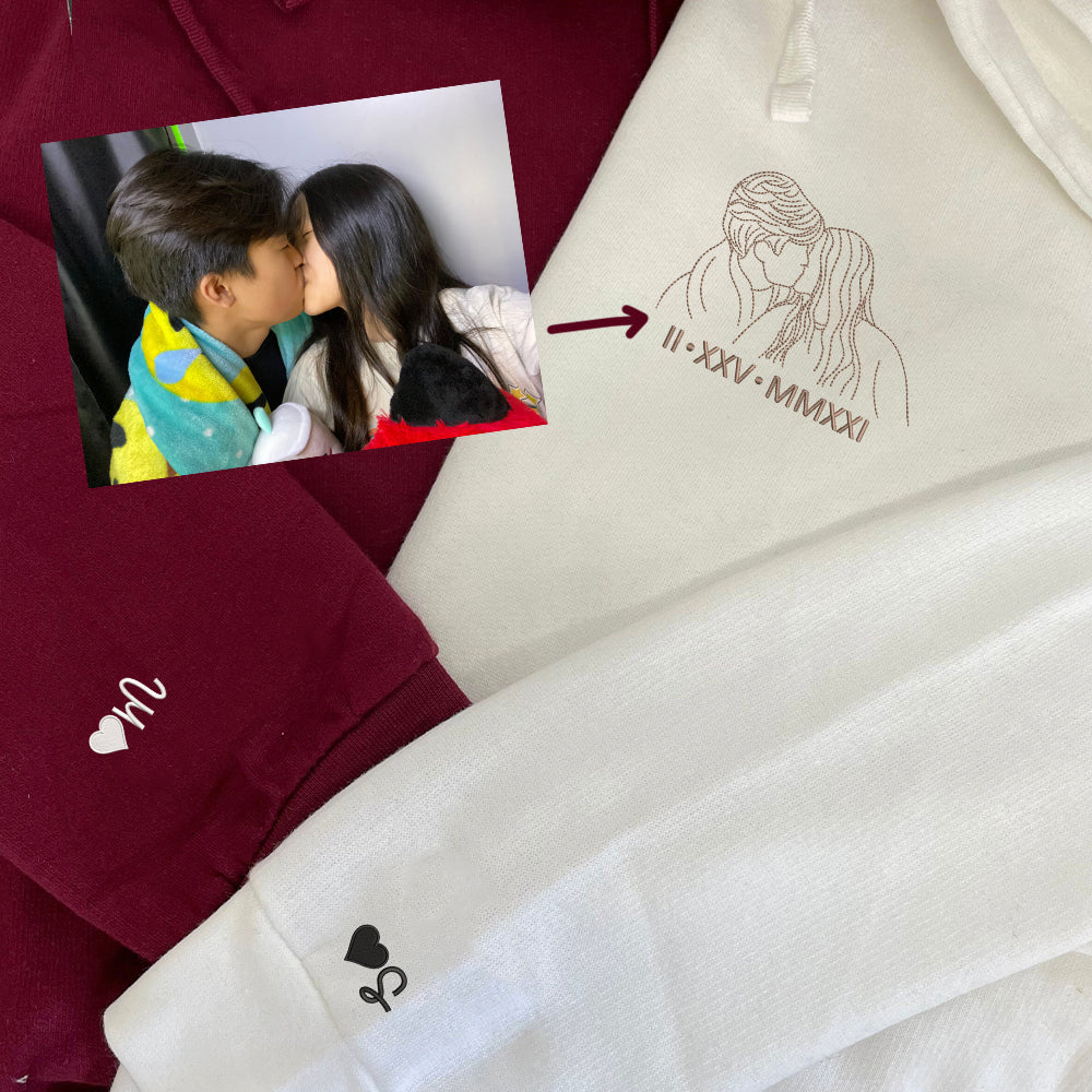 Custom Embroidered Couple Art Drawing Gift | Portrait From Photo Embroidered Sweatshirt | Valentine Personalized First Anniversary Gift