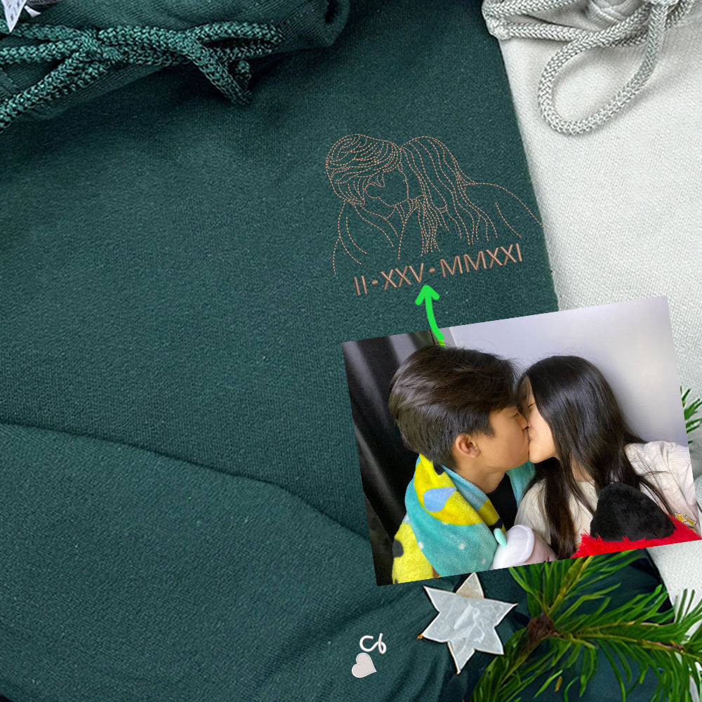 Custom Embroidered Couple Art Drawing Gift | Portrait From Photo Embroidered Sweatshirt | Valentine Personalized First Anniversary Gift