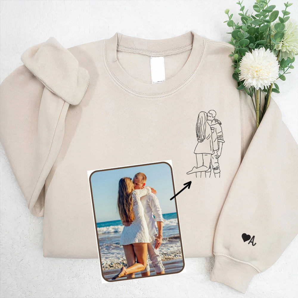 Custom Personalized Picture Outline Embroidered Hoodie Sweatshirt | Portrait Photo Couple Outline Sweatshirt | Custom Line Art Photo Hoodie