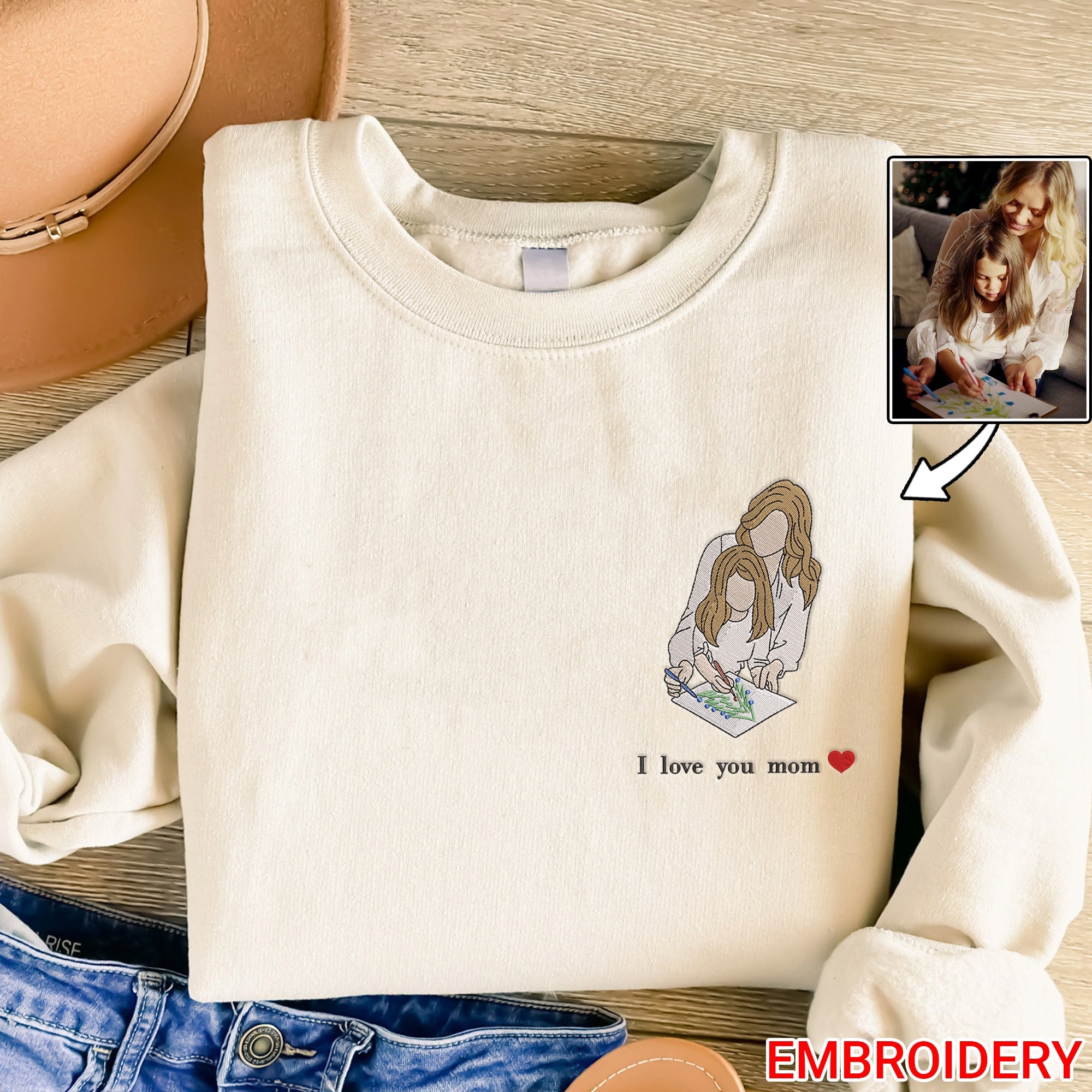 Custom Mom and Child Embroidered Photo Portrait T-Shirt/Sweatshirt for Mother's Day