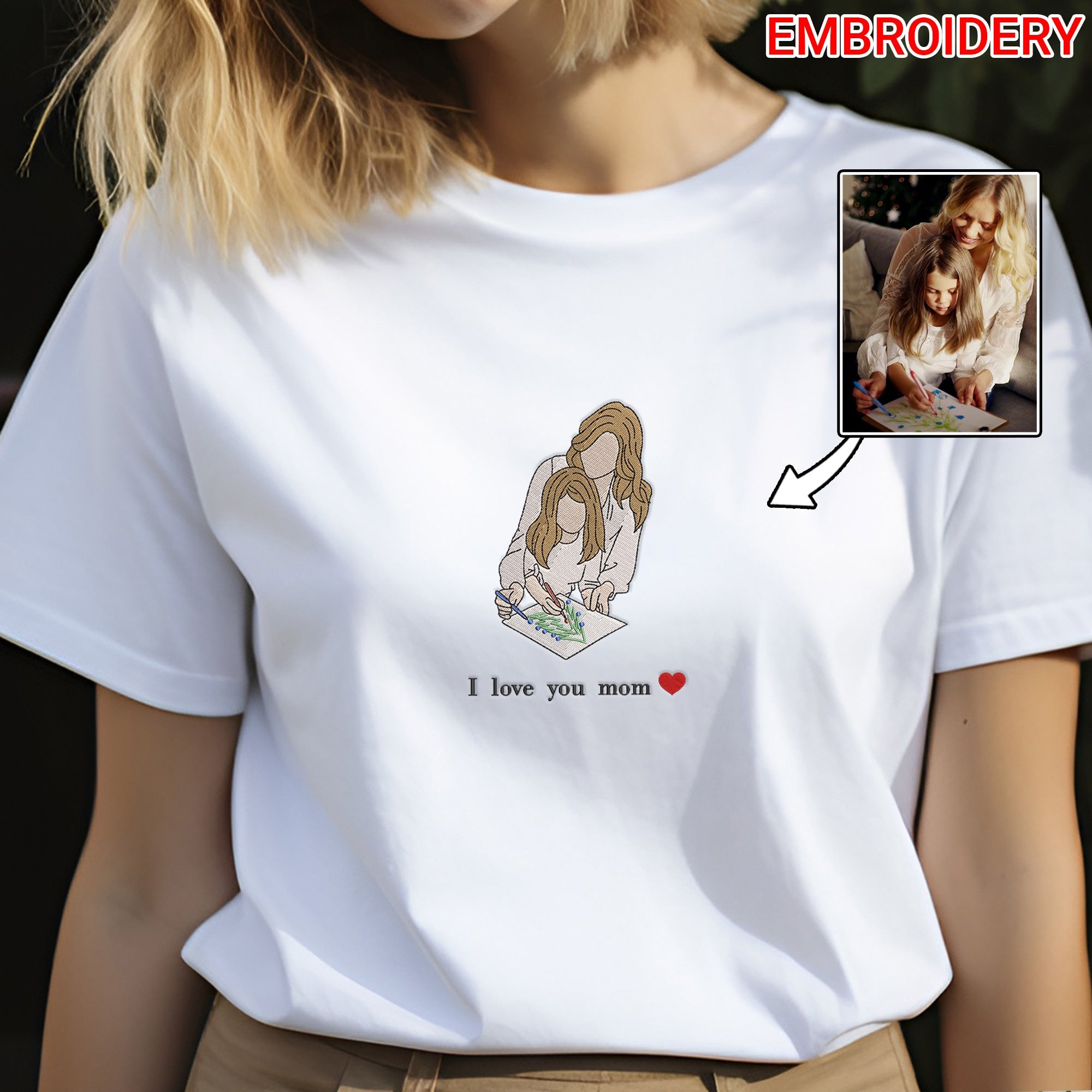 Custom Mom and Child Embroidered Photo Portrait T-Shirt/Sweatshirt for Mother's Day