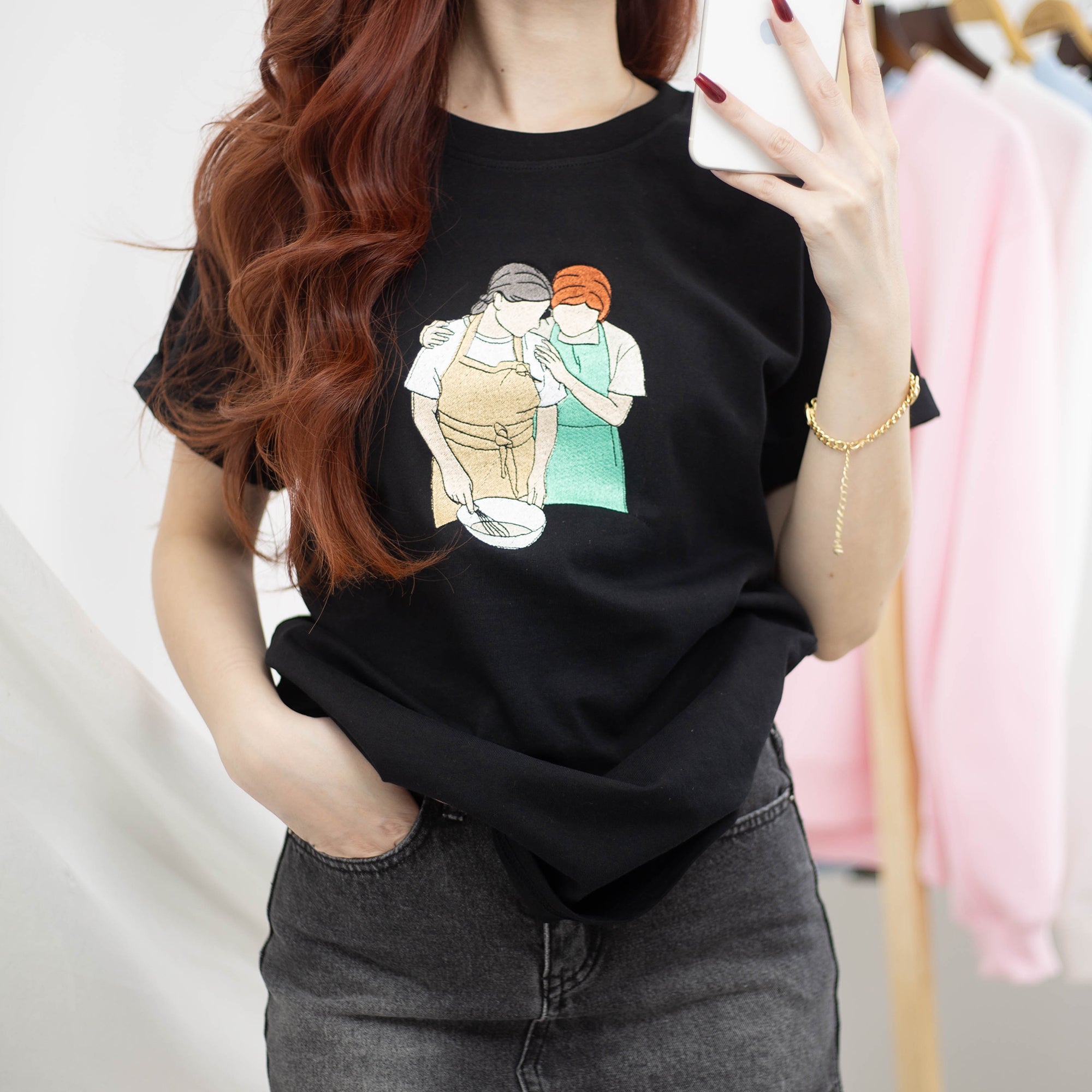 Custom Mom and Daughter Embroidered Portrait from Photo T-Shirt for Mother's Day