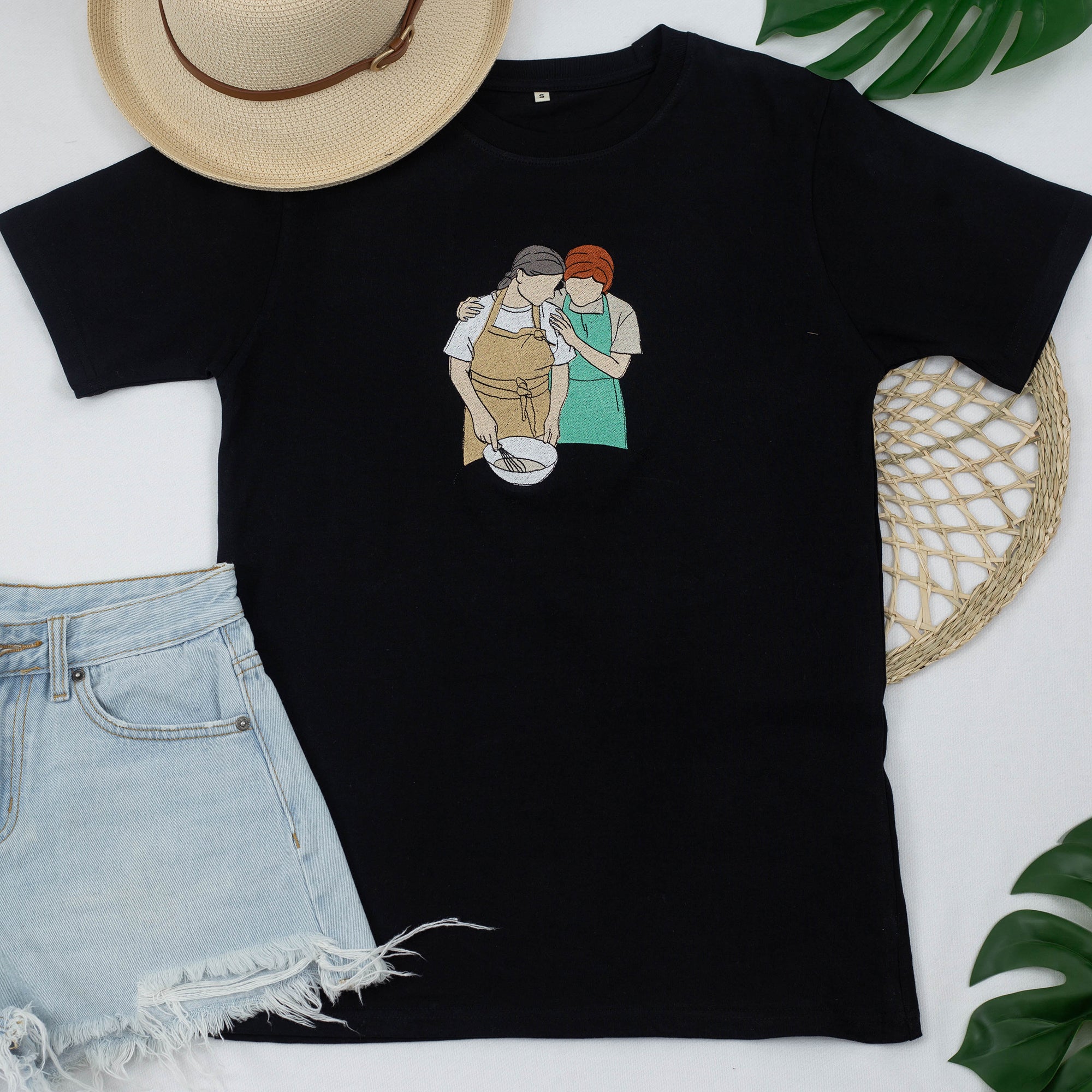 Custom Mom and Daughter Embroidered Portrait from Photo T-Shirt for Mother's Day