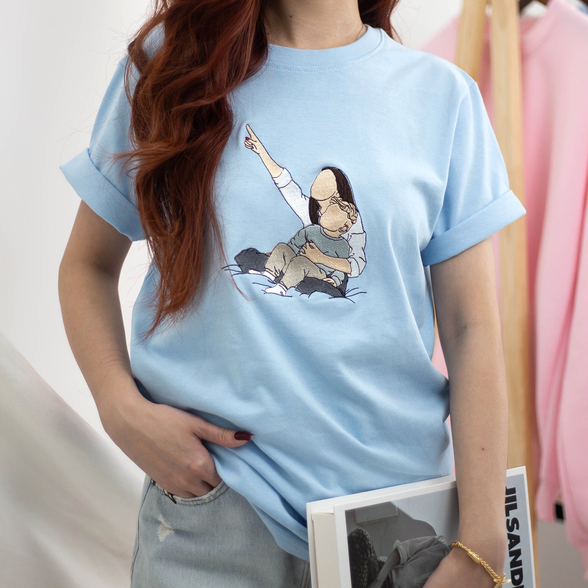 Custom Mom and Child Portrait Embroidered T-Shirt from Photo for Mother's Day