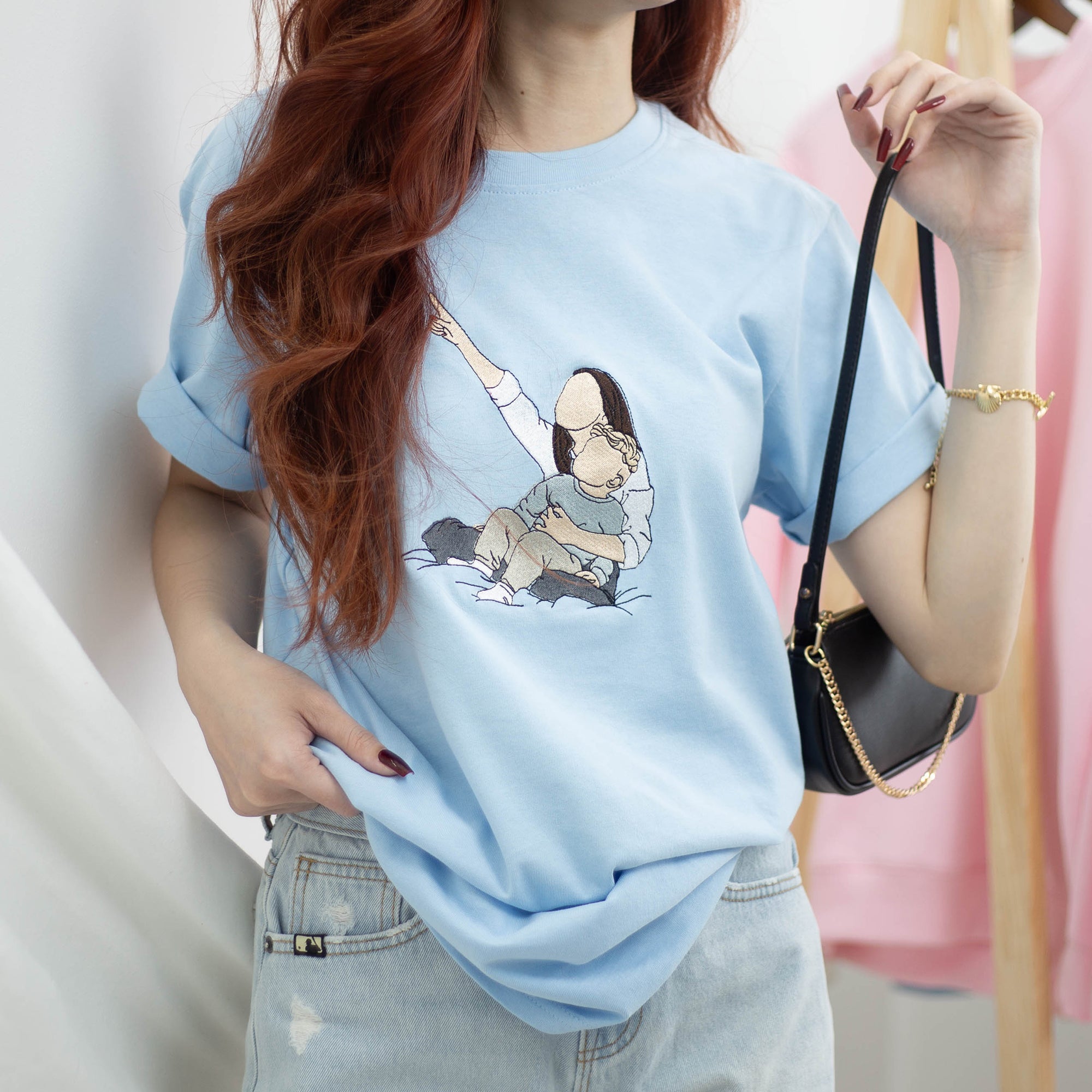 Custom Mom and Child Portrait Embroidered T-Shirt from Photo for Mother's Day