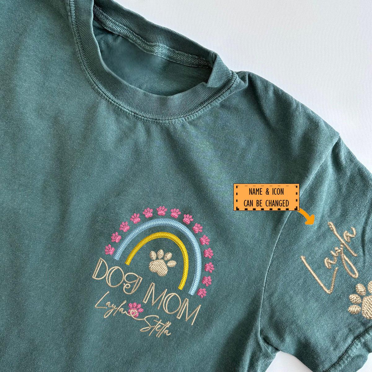 Custom Dog Mom Rainbow With Names Embroidered T-Shirt | Gift For Pet Lovers