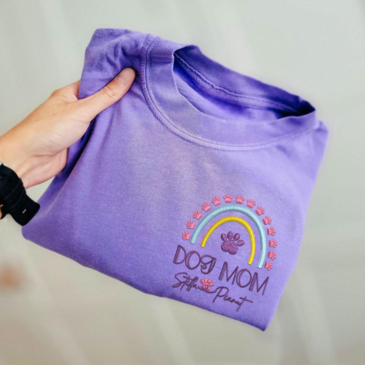 Custom Dog Mom Rainbow With Names Embroidered T-Shirt | Gift For Pet Lovers