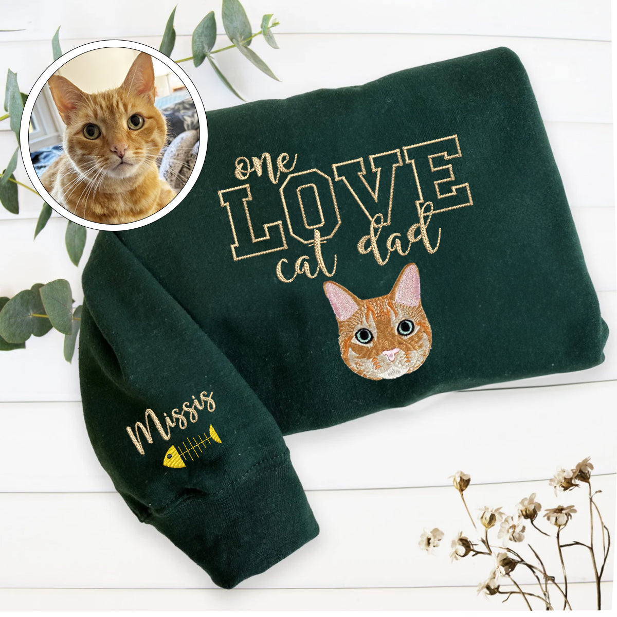 Custom One Love Cat Dad Embroidered Hoodie | Gift For Pet Lovers