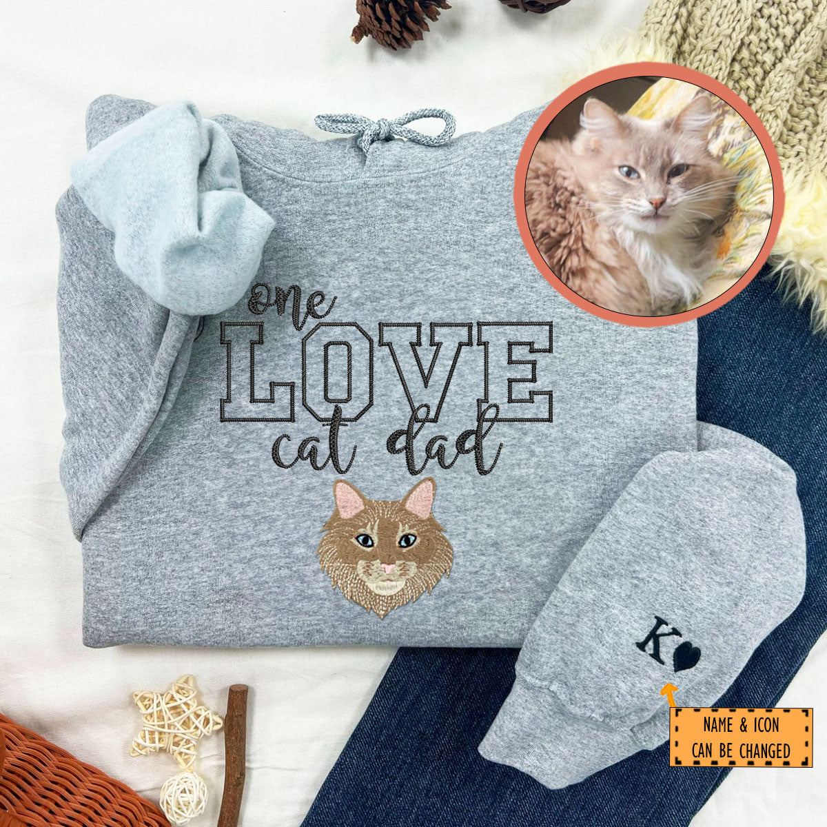 Custom One Love Cat Dad Embroidered Hoodie | Gift For Pet Lovers