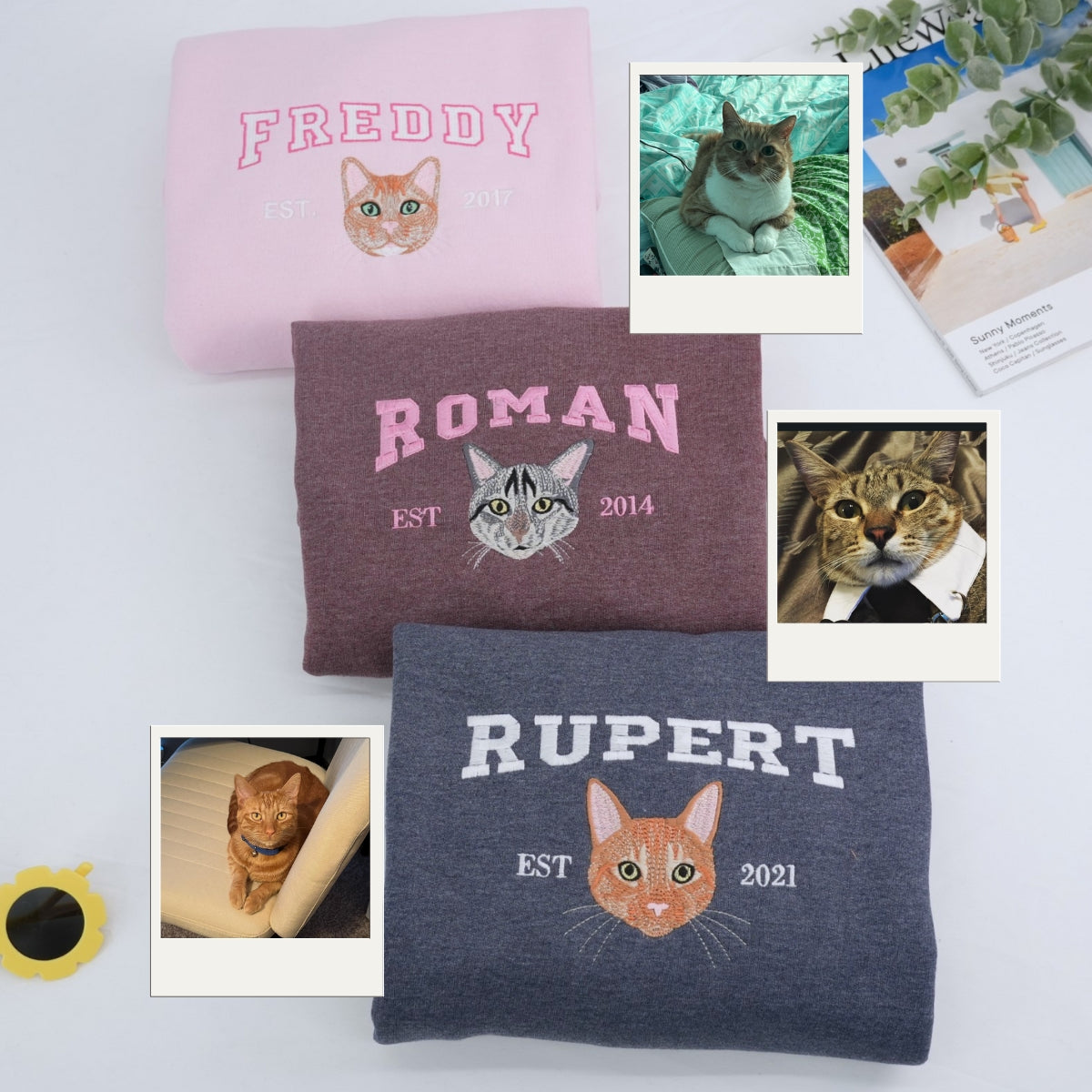 Custom Cat Portrait Embroidered Sweatshirts - Personalized Varsity Cat Face Hoodies - Perfect Cat Parent Gift