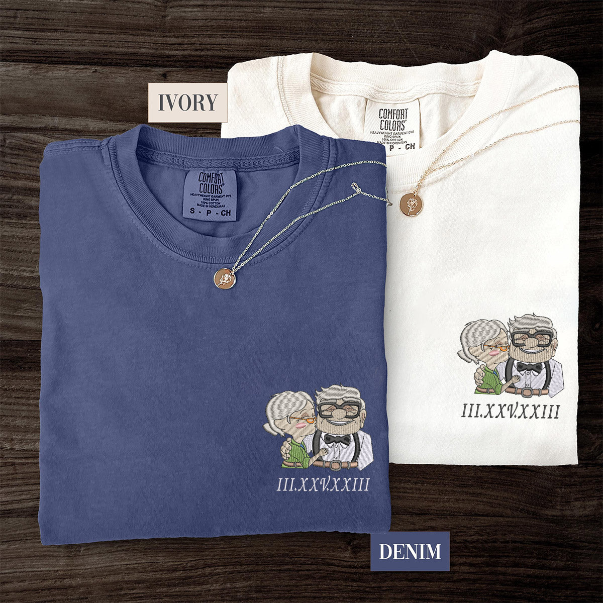 Custom Embroidered Cute Cartoon Character V1 Roman Numeral T-shirts for Couples | Valentine's Day Anniversary Gift