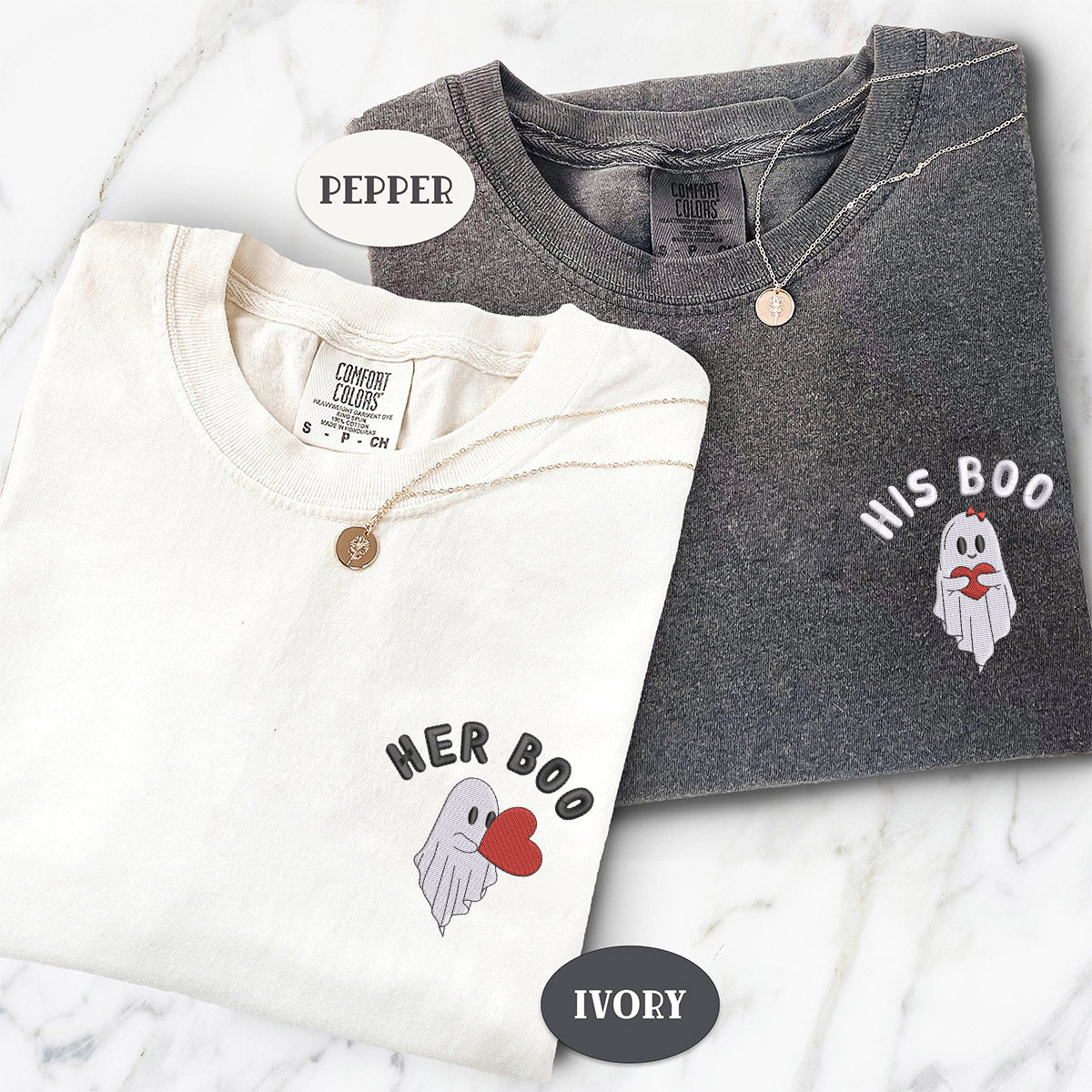 Custom Embroidered Ghost Her His Boo T-shirts for Couples
