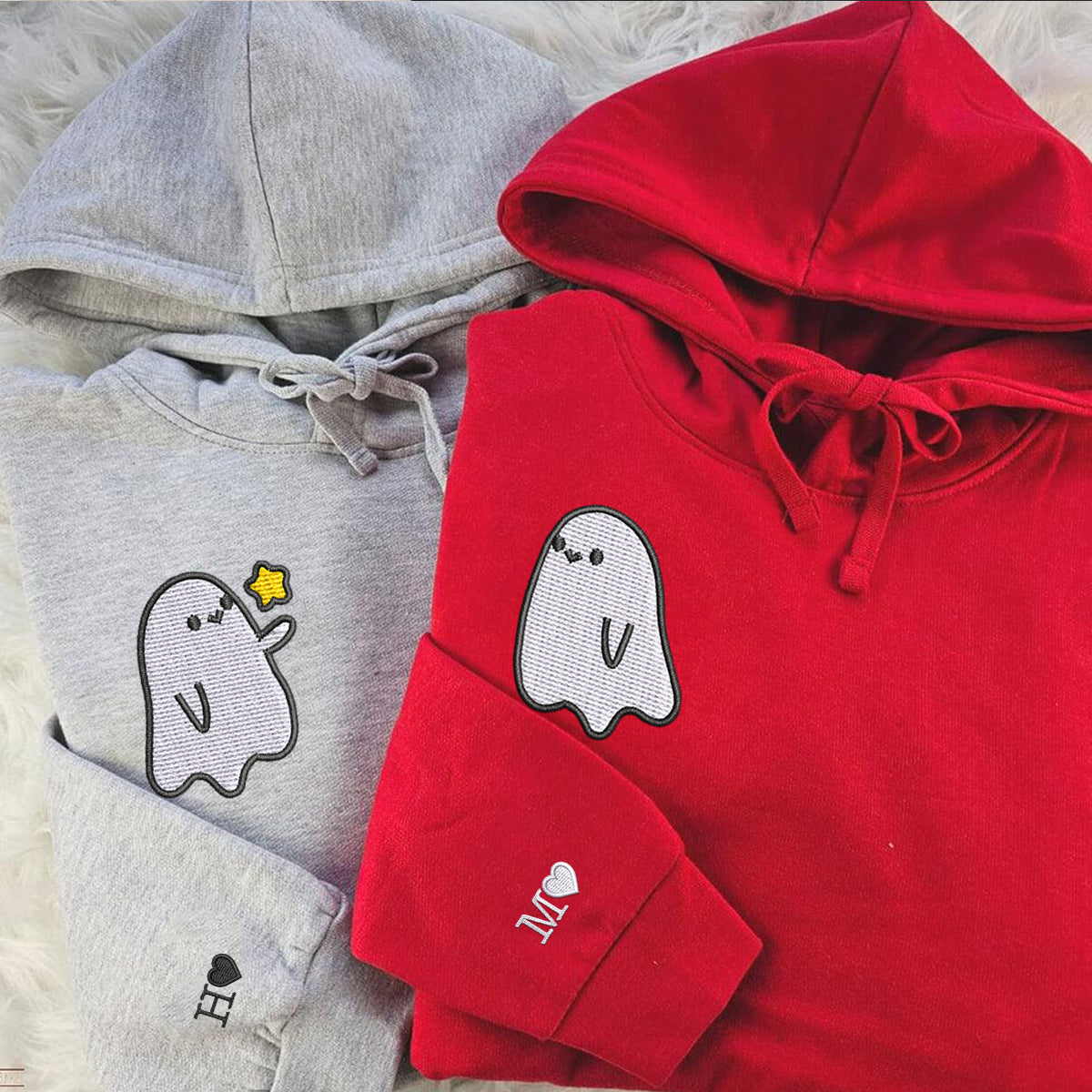 Custom Embroidered Ghost Spooky Season Matching Couples Hoodies | Valentine's Day Gifts