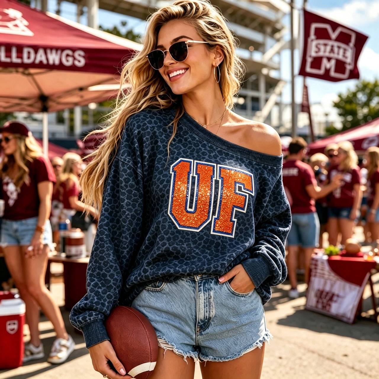 Custom Dark Leopard Off-Shoulder Sequin Sweatshirt | Personalized Game Day Letter Pullover
