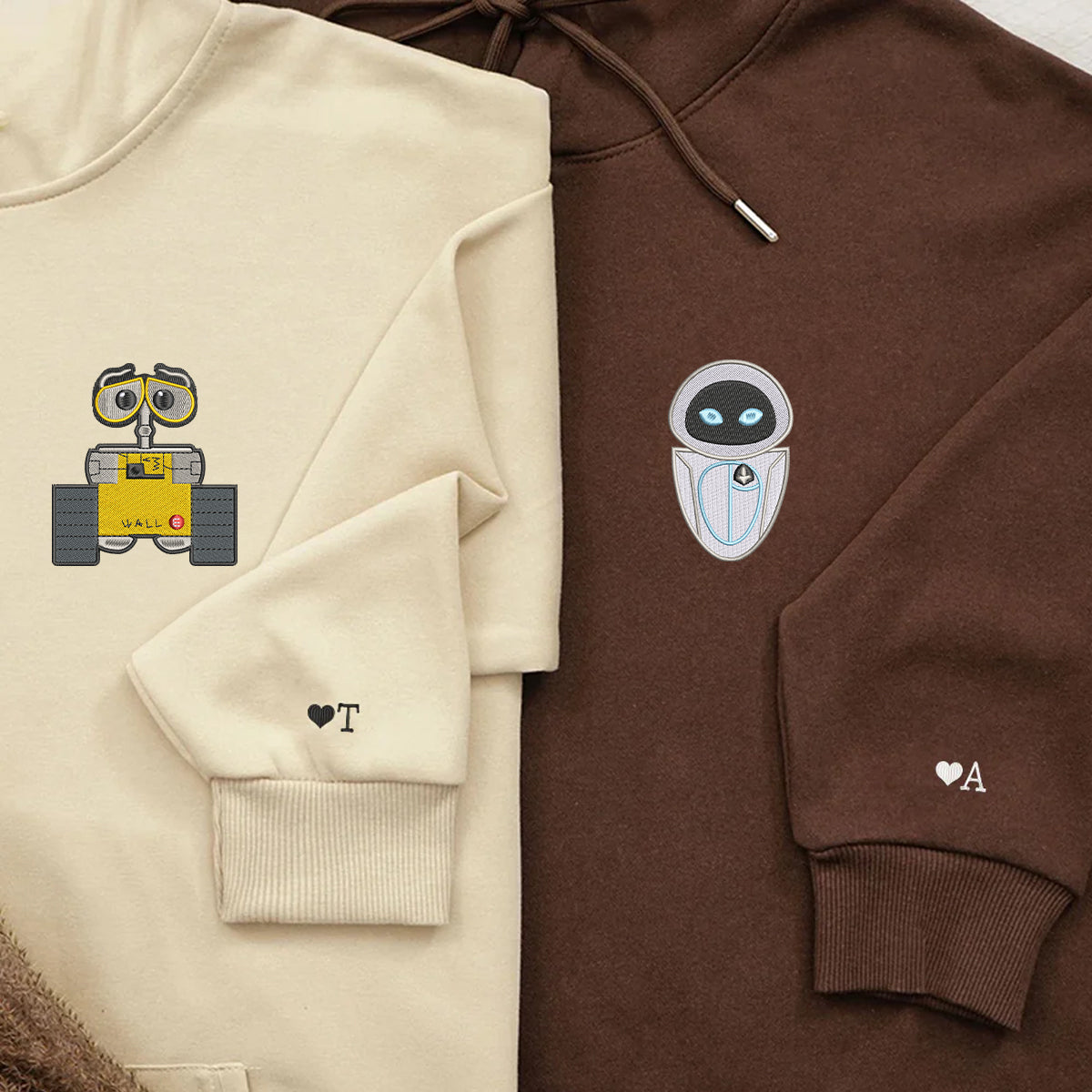 Custom Embroidered Hoodies For Couples, His and Her Matching Couple Hoodies, Cute Cartoon Wall E x Eve Couples Embroidered Hoodie