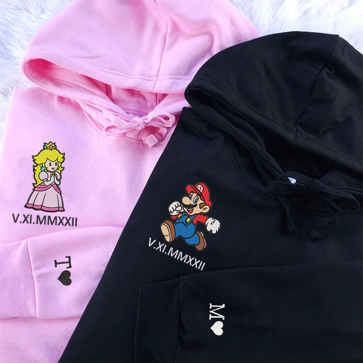 Custom Embroidered Roman Numeral Date Matching Couples Hoodies , Cute Cartoon Princess x Mario Couples Sweatshirt