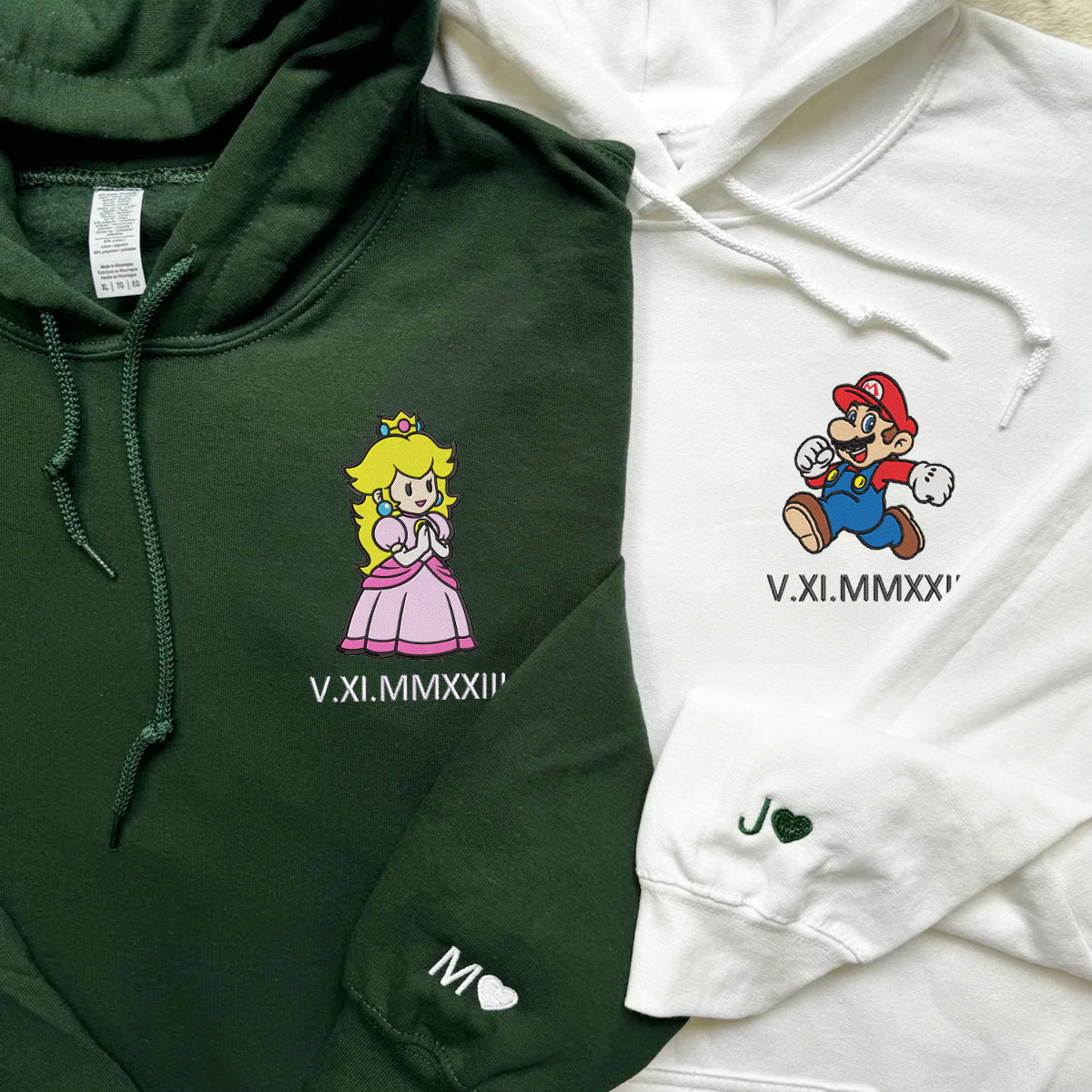 Custom Embroidered Roman Numeral Date Matching Couples Hoodies , Cute Cartoon Princess x Mario Couples Sweatshirt