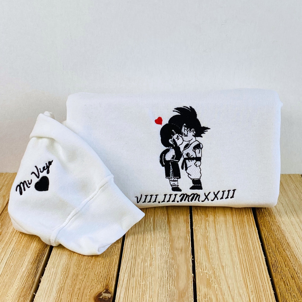 Custom Embroidered Roman Numeral Date Hoodies For Couples, Cute Chichi × Goku Couples Embroidered Hoodie