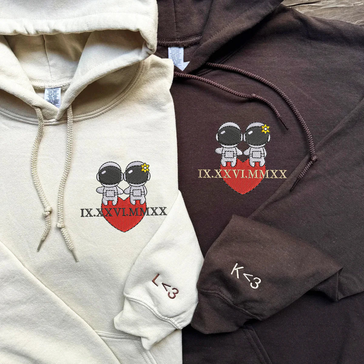 Custom Embroidered Roman Numeral Date Hoodies For Couples Cute Couples Astronaut Couples Embroidered Hoodie