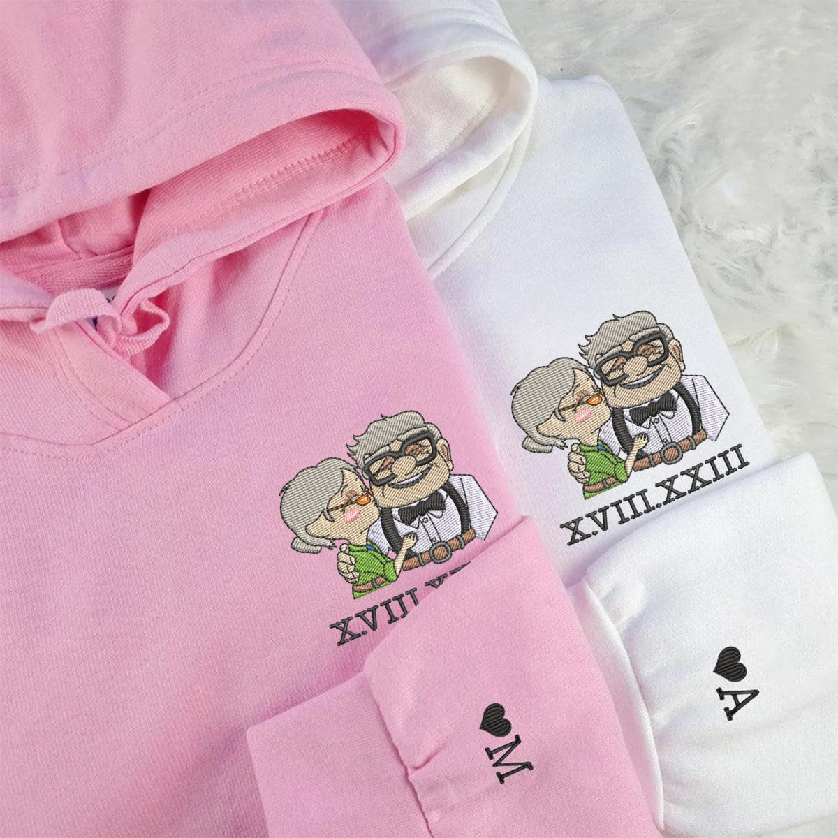 Custom Embroidered Roman Numeral Hoodies For Couples, Cute Ellie x Carl Couples Hoodie | Valentine's Day Anniversary Gift
