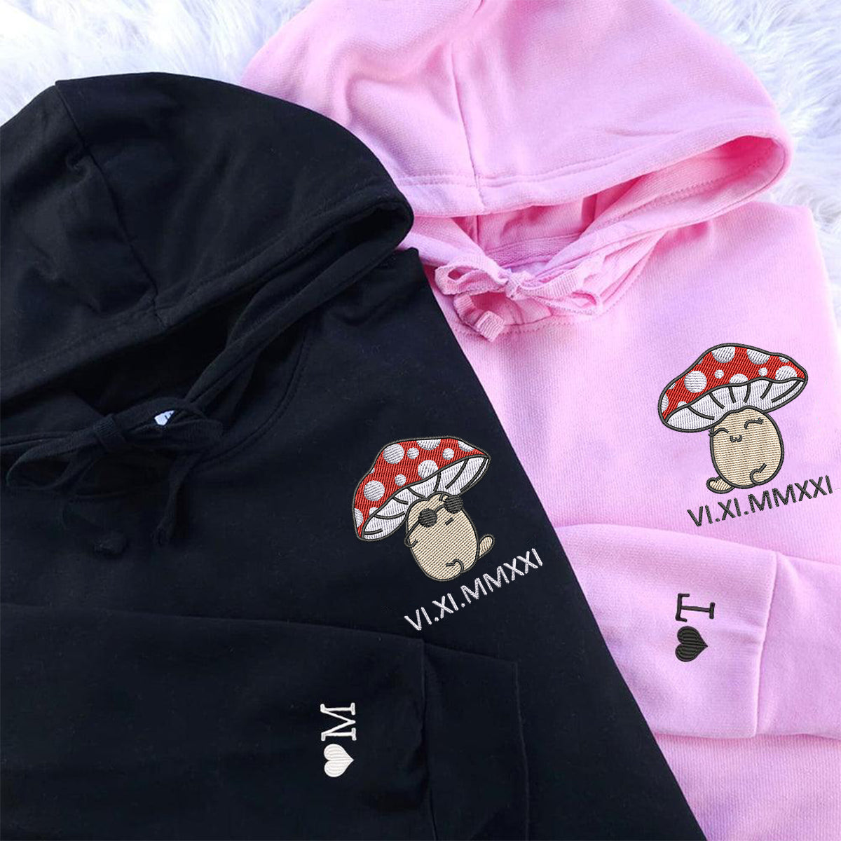 Custom Embroidered Roman Numeral Hoodies For Couples, Mushroom Cartoon Couples Hoodie | Couple Anniversary Gift