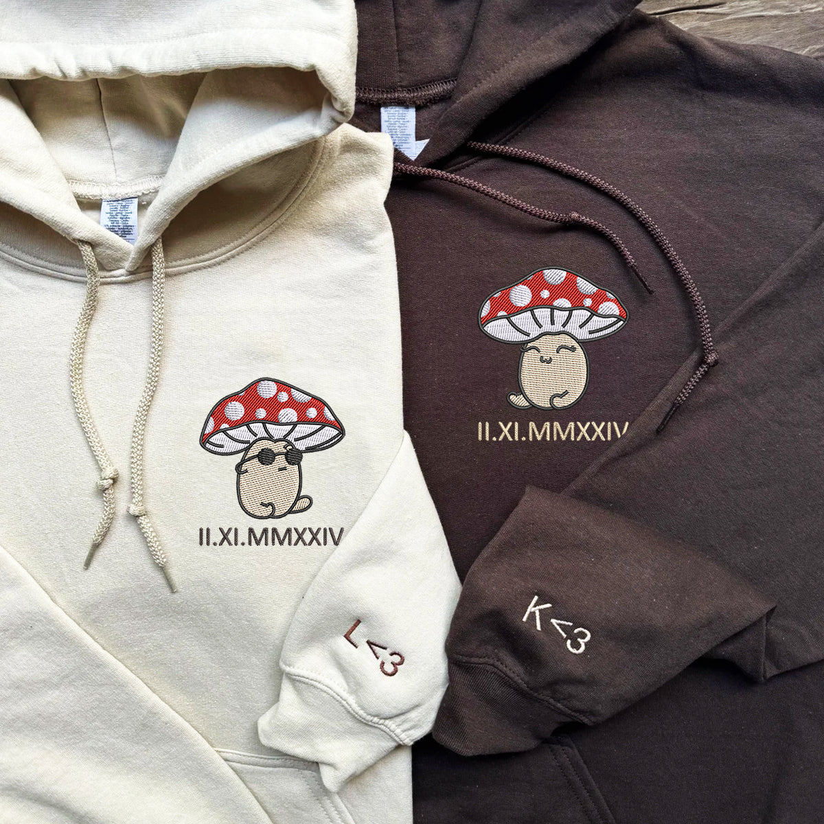 Custom Embroidered Roman Numeral Hoodies For Couples, Mushroom Cartoon Couples Hoodie | Couple Anniversary Gift