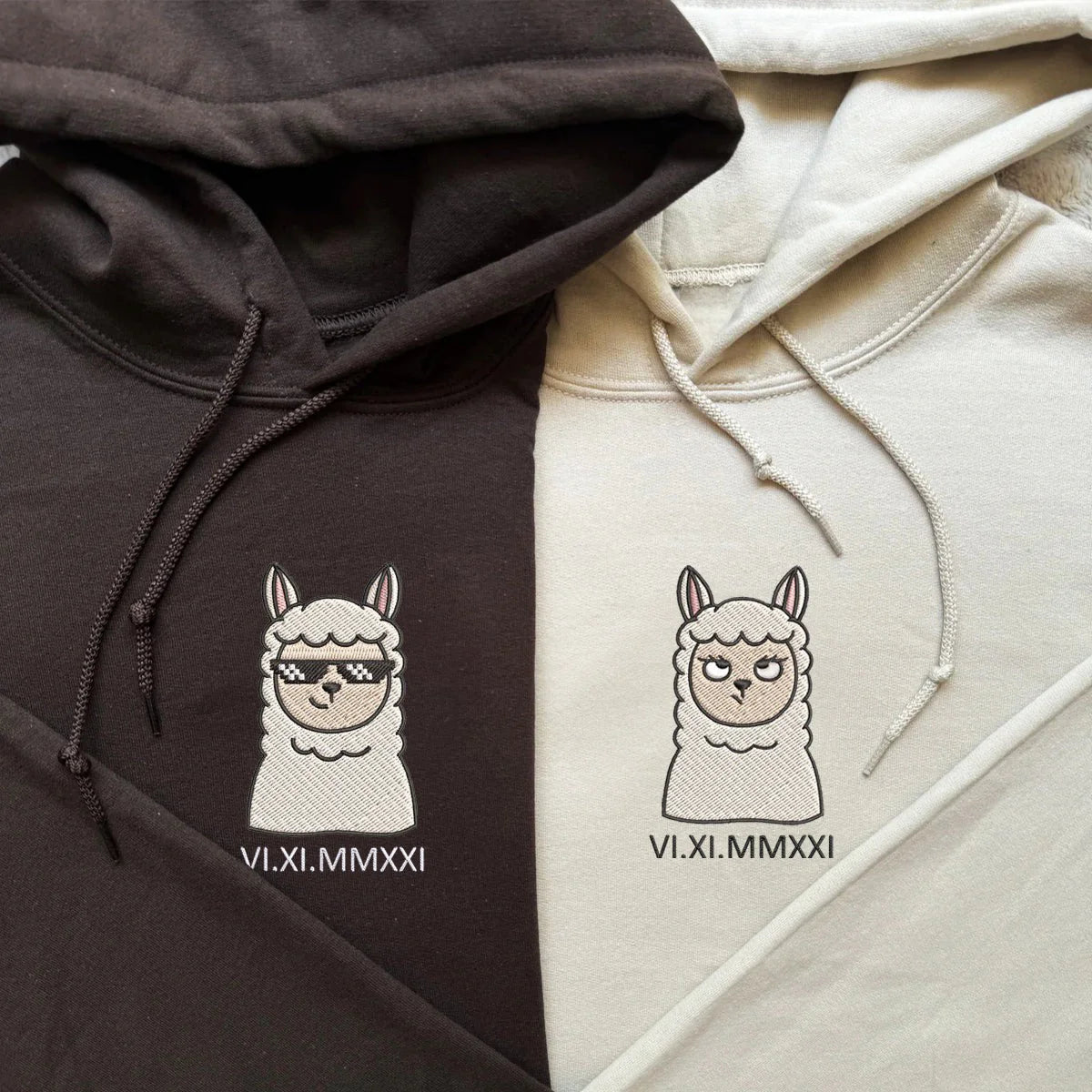 Custom Embroidered Roman Numeral Date Hoodie Sheep Cartoon Hoodies For Couples | Couple Anniversary Gift