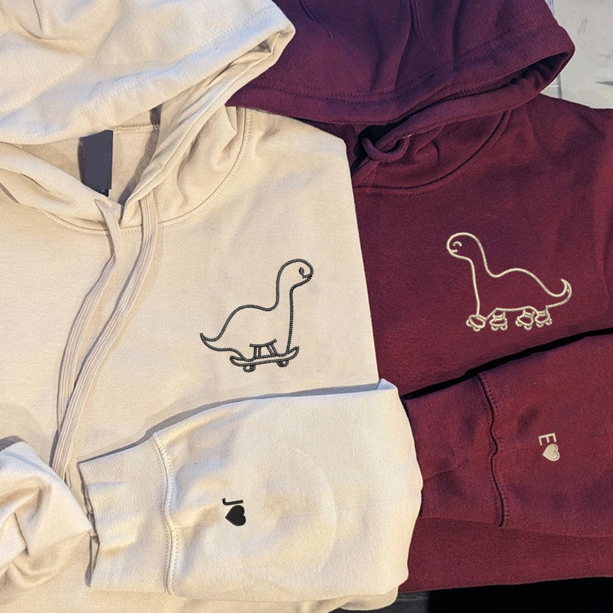 Custom Embroidered Skater Dino Matching Hoodies for Couples | Couple Anniversary Gift