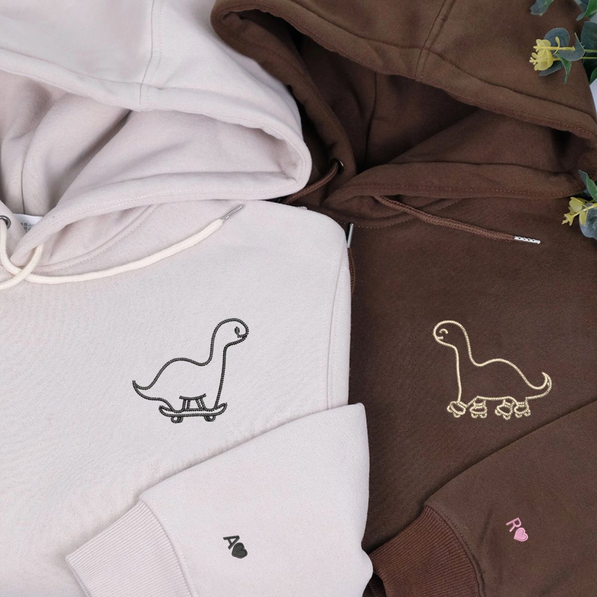 Custom Embroidered Skater Dino Matching Hoodies for Couples | Couple Anniversary Gift