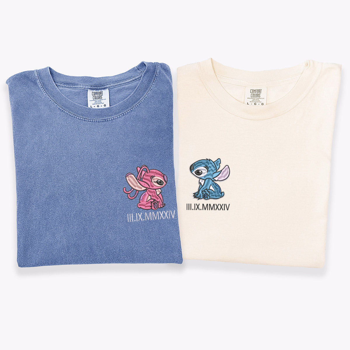 Custom Embroidered Angel Couples Roman Numeral Date Matching T-shirts for Couples