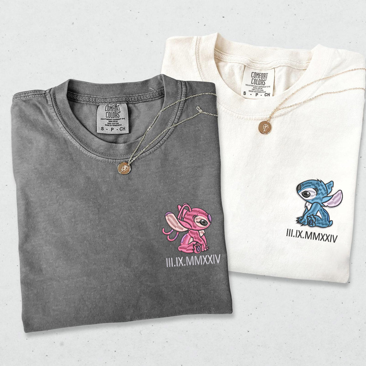 Custom Embroidered Angel Couples Roman Numeral Date Matching T-shirts for Couples