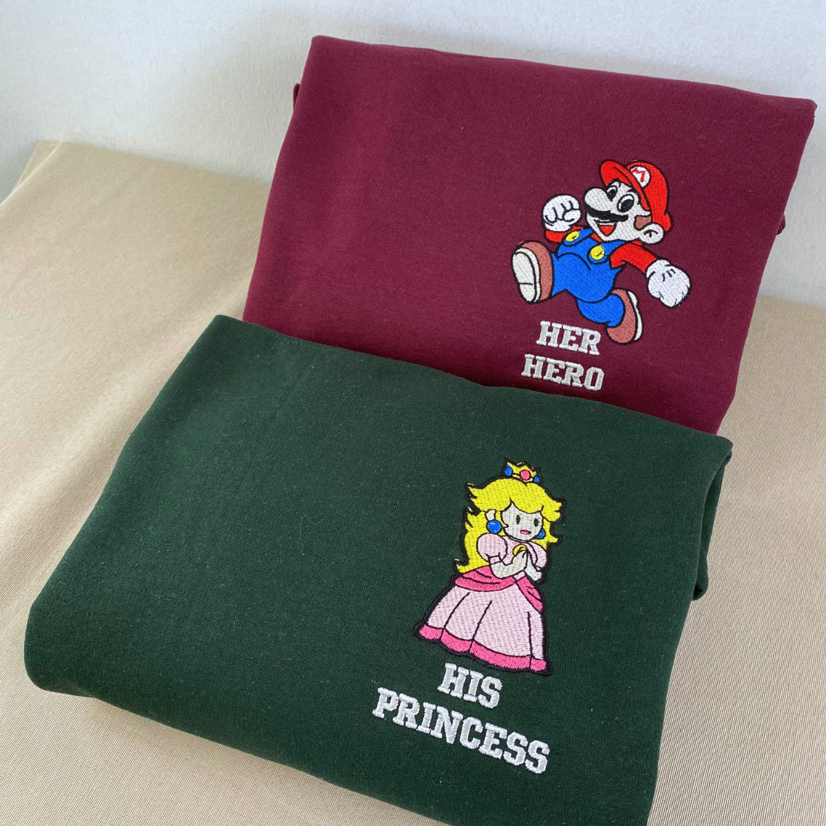 Custom Embroidered hoodies For Couples, Custom Mario Her Hero And His Princess Matching Couples Embroidered Sweatshirt