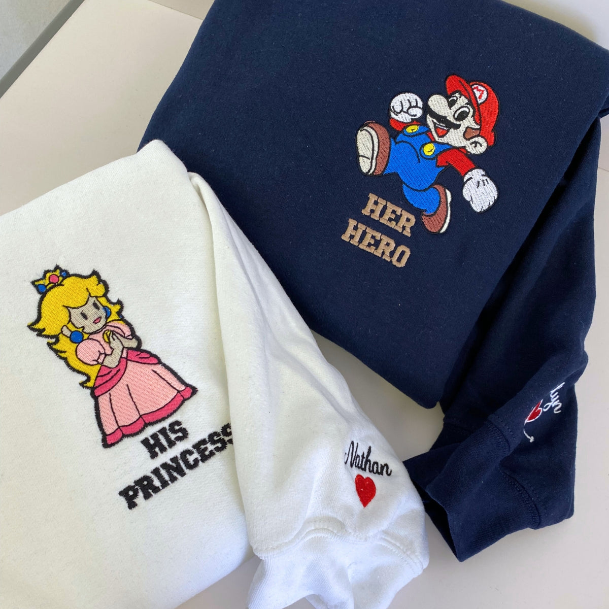 Custom Embroidered hoodies For Couples, Custom Mario Her Hero And His Princess Matching Couples Embroidered Sweatshirt