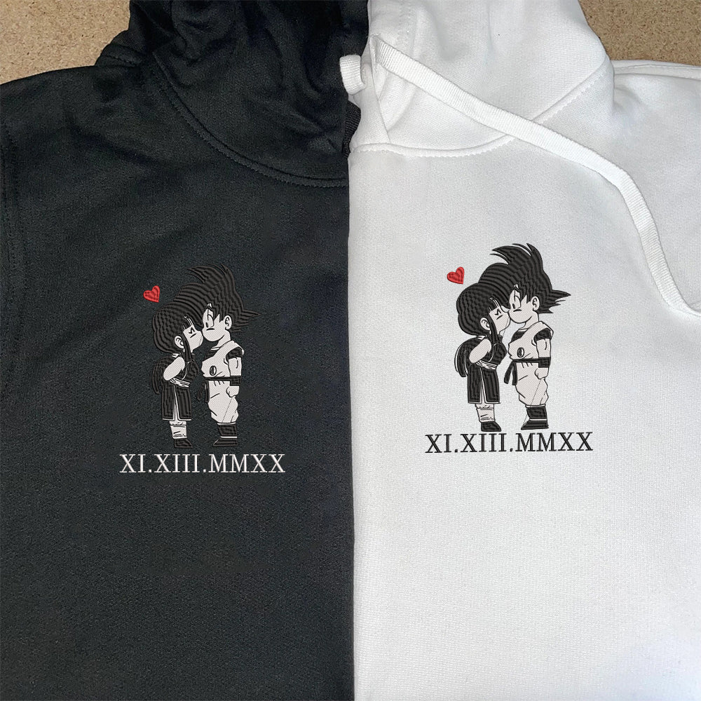 Custom Embroidered Roman Numeral Date Hoodies For Couples, Cute Chichi × Goku Couples Embroidered Hoodie