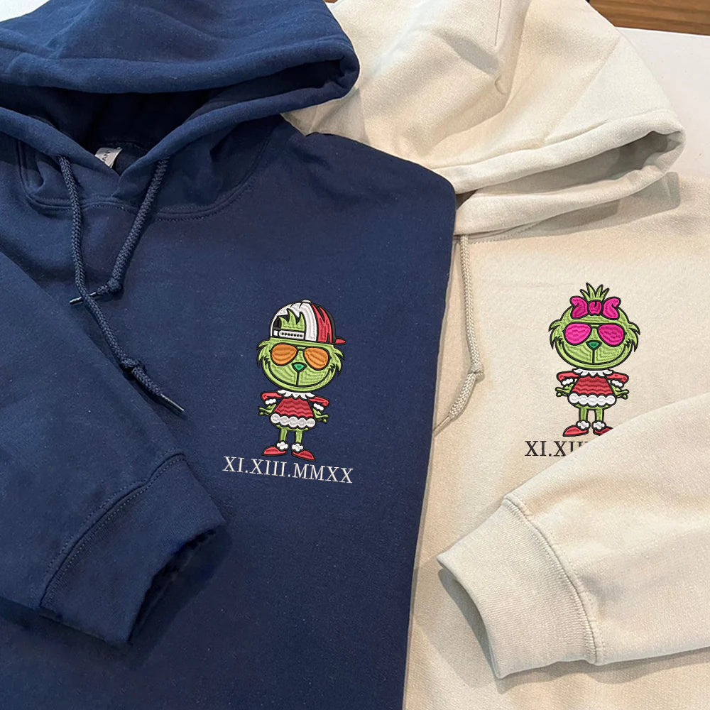 Custom Embroidered Cute Cartoon Green Roman Numeral Date Hoodies For Couples | Couple Anniversary Gift