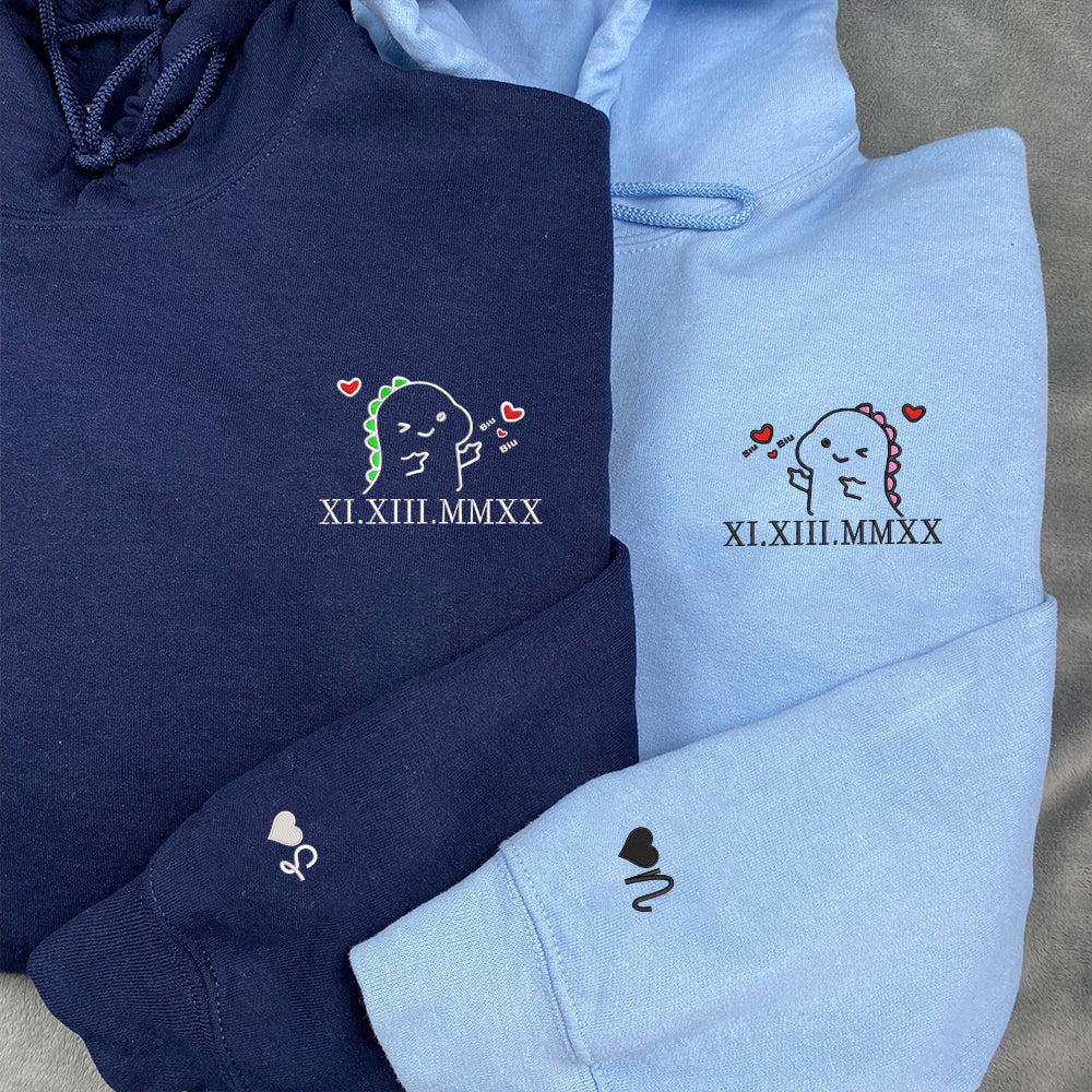 Cute Dino Couple Custom Roman Numeral Matching Embroidered Hoodies For Couples