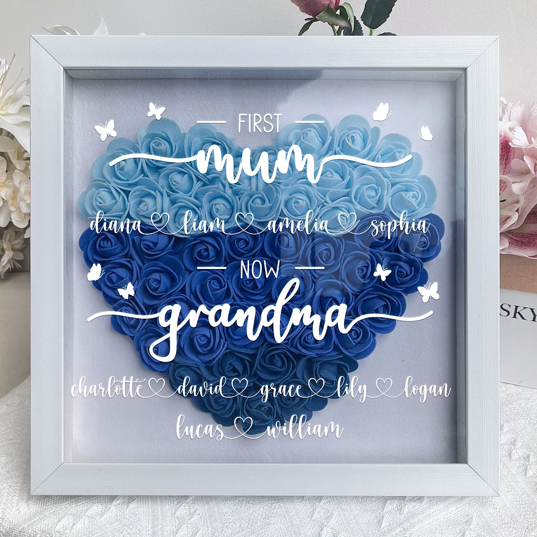 Custom Personalized First Mom Now Grandma Flower Shadow Box, Shadowbox Heart Mom Frame Gift | Mother’s Day gift