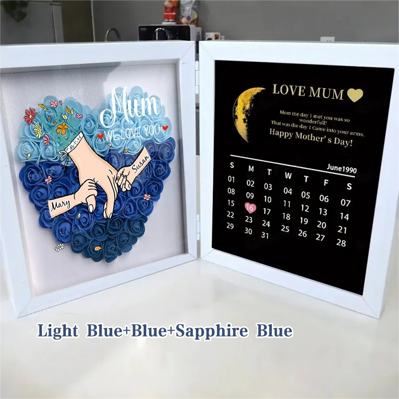 Mum We Love You With REAL MOON PHASE Anniversary Calendar - Personalized Mum & Grandma Flower Shadow Box with Names