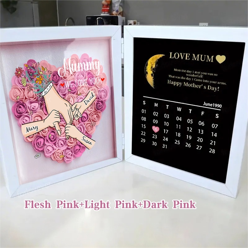 Mum We Love You With REAL MOON PHASE Anniversary Calendar - Personalized Mum & Grandma Flower Shadow Box with Names
