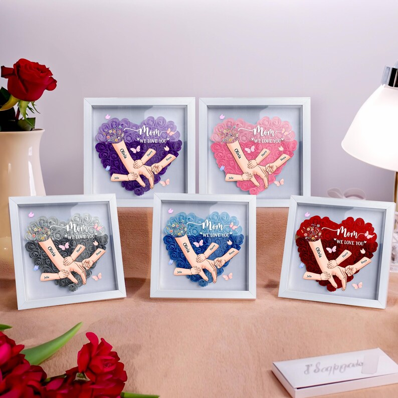 Personalized Handprints Mom And Children Flower Shadow Box For Mom, Grandma Gift