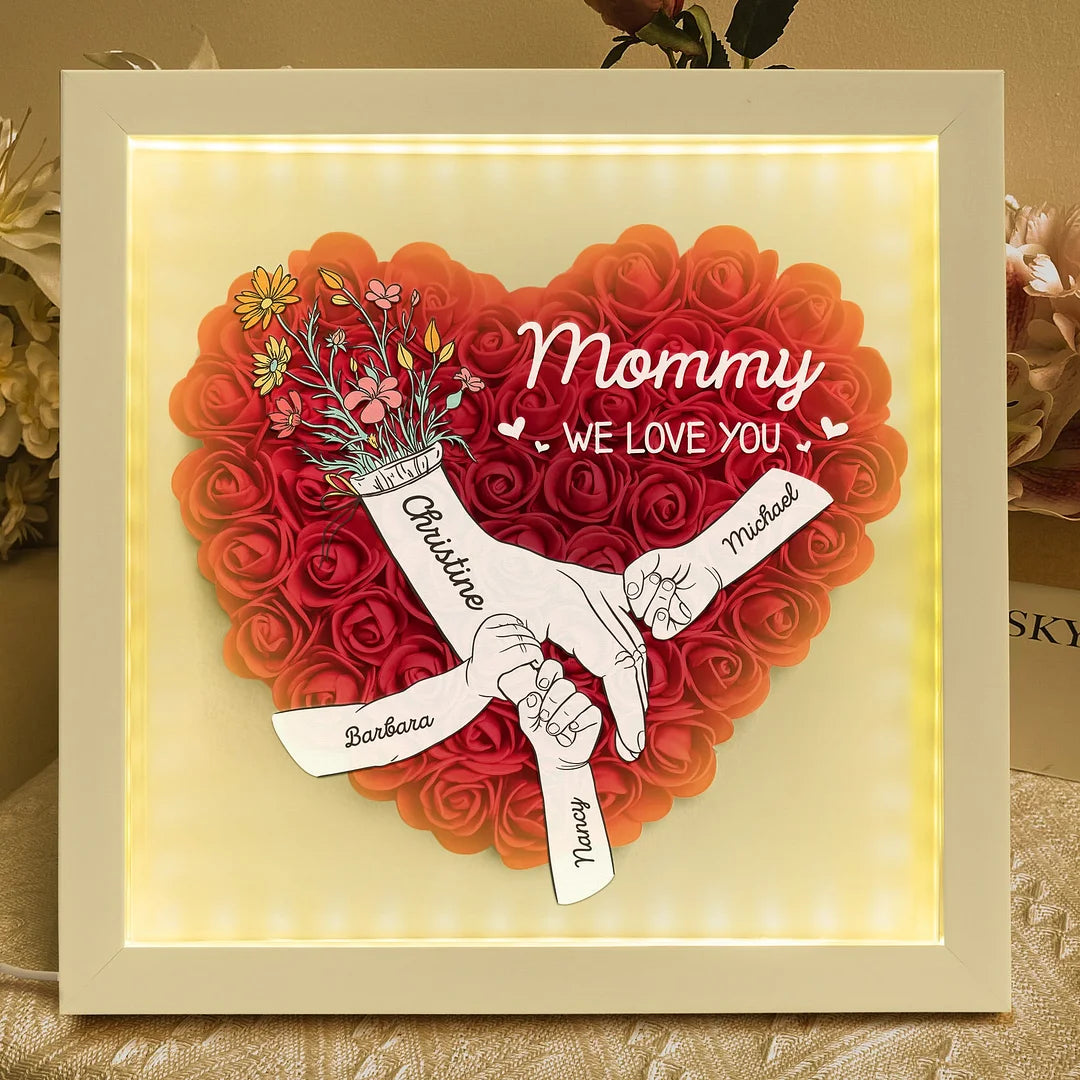 Mom Hands Holding We Love You - Personalized Flower Shadow Box With Led Light