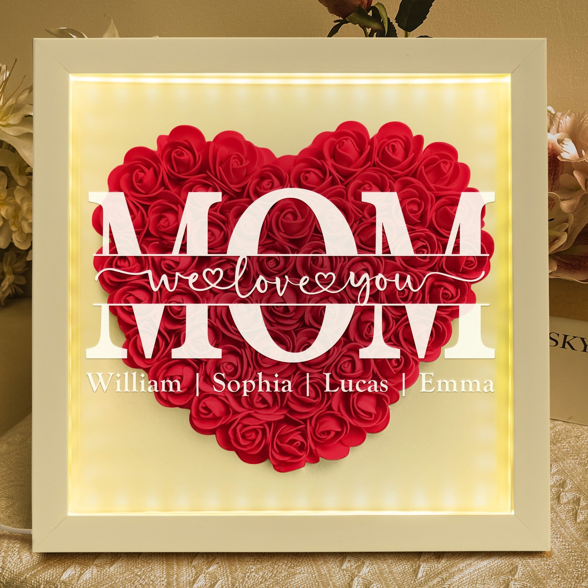 We Love You Mom - Personalized Flower Shadow Box With LED Light | Mother's Day Gifts