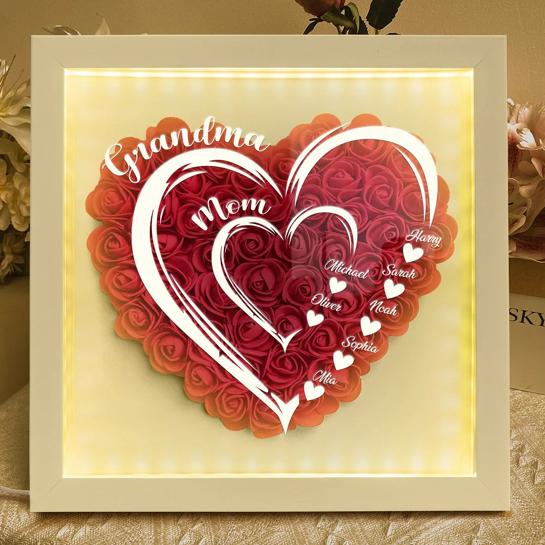 Mom Grandma Hearts Custom Kids' Names - Personalized Flower Shadow Box With LED Light | Mother's Day Gifts