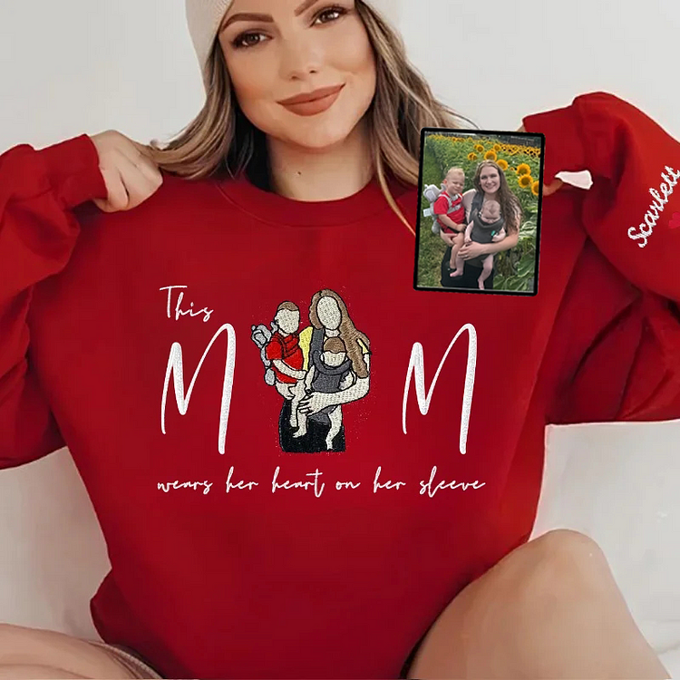 Custom Photo Mom Wears Her Heart On Her Sleeve Embroidered Sweatshirt | Mother's Day Gift