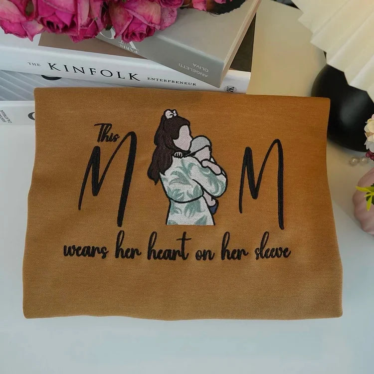 Custom Photo Mom Wears Her Heart On Her Sleeve Embroidered Sweatshirt | Mother's Day Gift