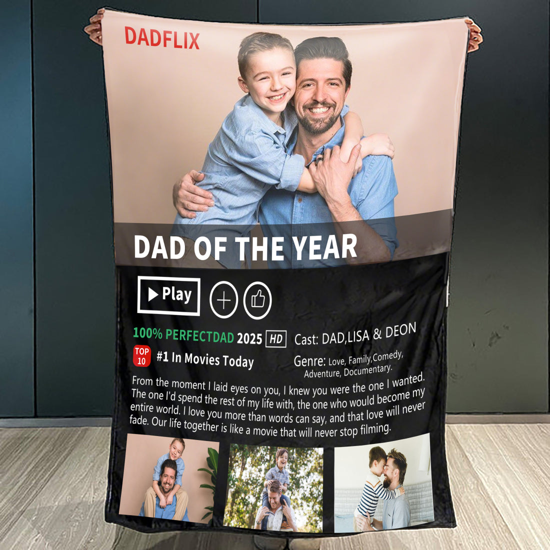 Custom Personalized Dadflix Movie Photo Template Blanket with Dad of The Year | Father's Day Gift
