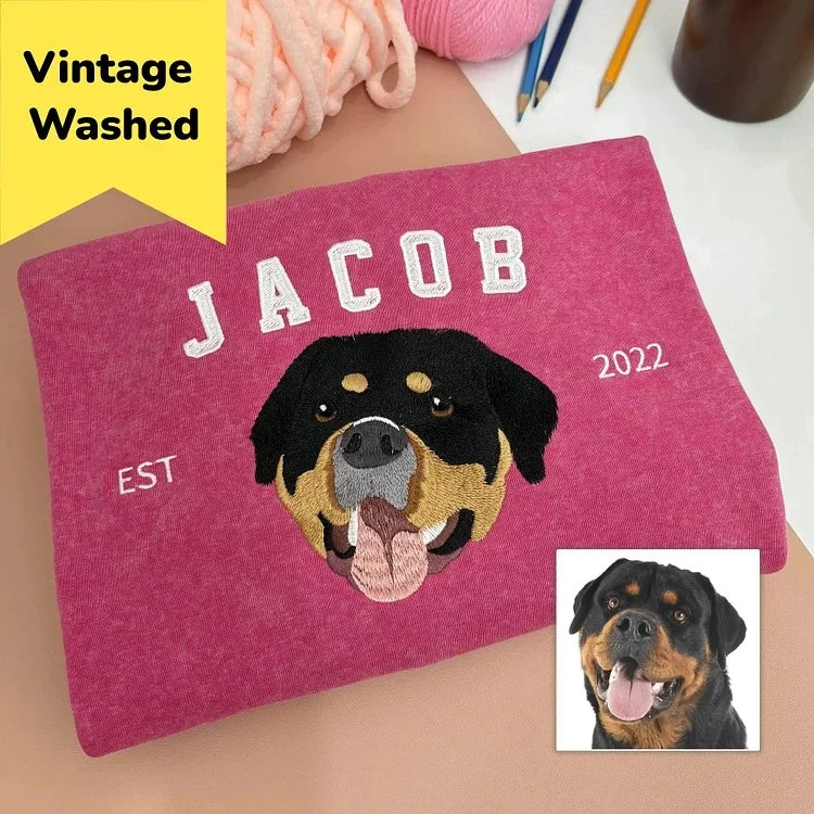 Custom Pet Photo & Name Exquisite Detail Embroidered Vintage Washed Sweatshirt T-Shirt Hoodie