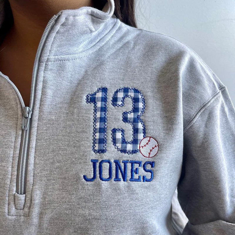 Custom player number and name Baseball Embroidered Design Quarter Zip Sweater | Gifts for Sports Mom