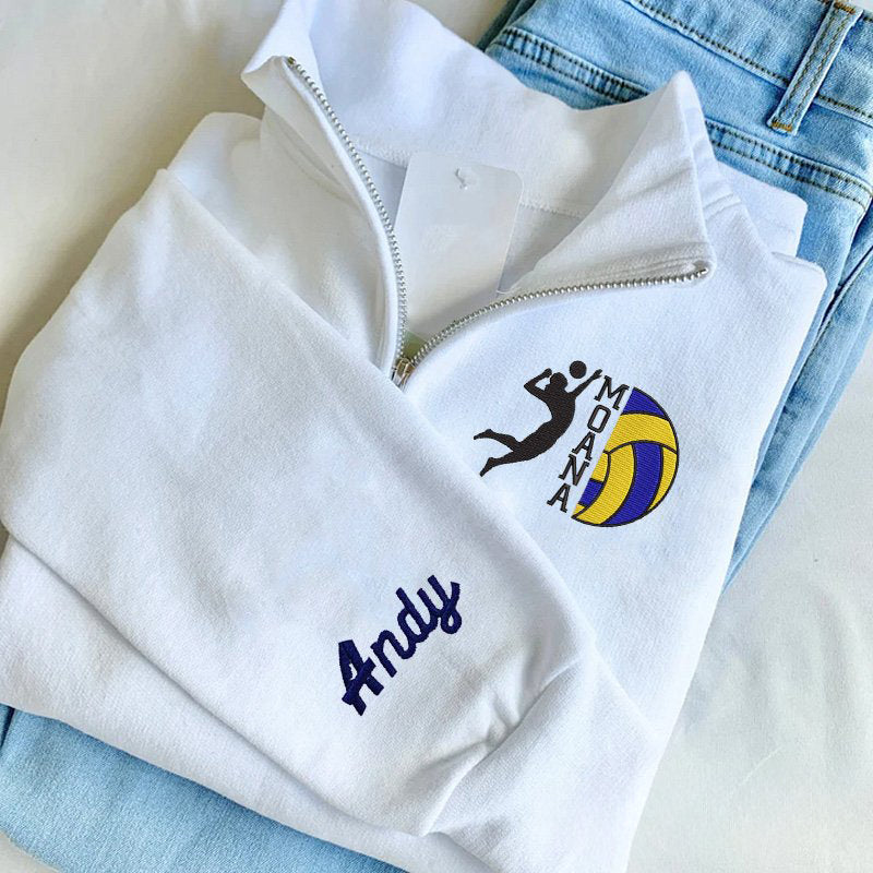 Custom Split Name Volleyball Girl Embroidered Design Quarter Zip Sweater Volleyball Pullover | Gifts for Sports Mom
